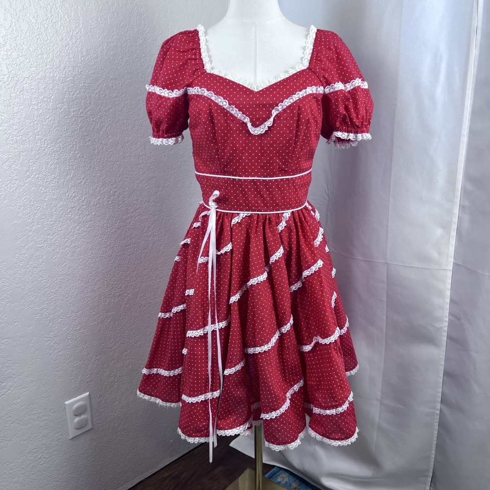 Vintage Square Dance Dress Womens XS Red Polkadot Ruffle Prairie Western Cottage